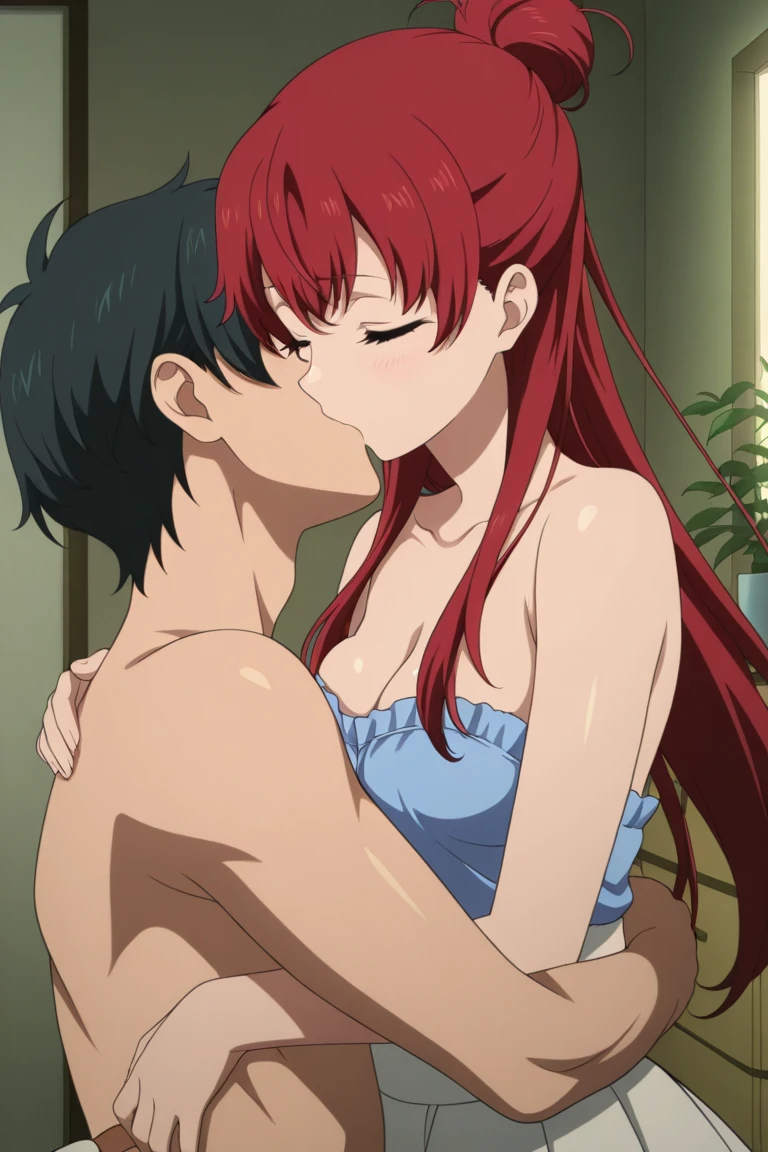 1boy, black hair, smile, boy is behind girl, breast grope from behind, 1girl, red hair, blush, naked, medium breas, nipples, cute, love, couple, adorable, dating, open mouth 😩, worried eyes, green eyes, open eyes, indoors, night, passionate hug, lie on bed
