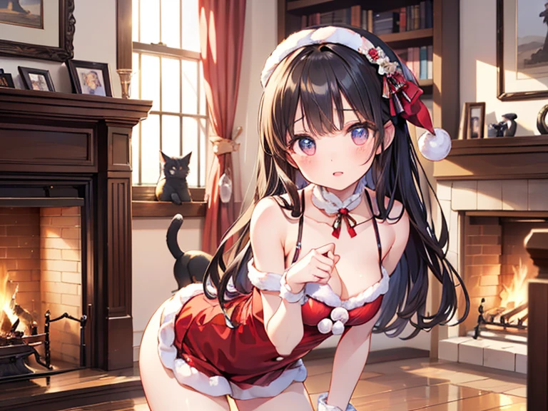 ultra-quality, ultla highres, Hyper Detailed, High contrast, Ultrafine Strike, creative refinement,A dark-haired,ssmile,Santa Claus Costume,Show cleavage,livingroom,5 fingers