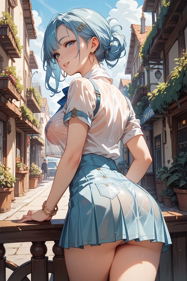 Anime girl, , stands cancer in the field, on the grass, Sunny, Blue hair and eyes, blue skirt, looks at me, back view, pop, ass, Shows butt, shows white panties, she's wearing white panties, Short skirt, when she stood up doggy style her white panties became visible from under her skirt, blushed, shy, licks his fingers, her vagina is wet, got excited, vulgar