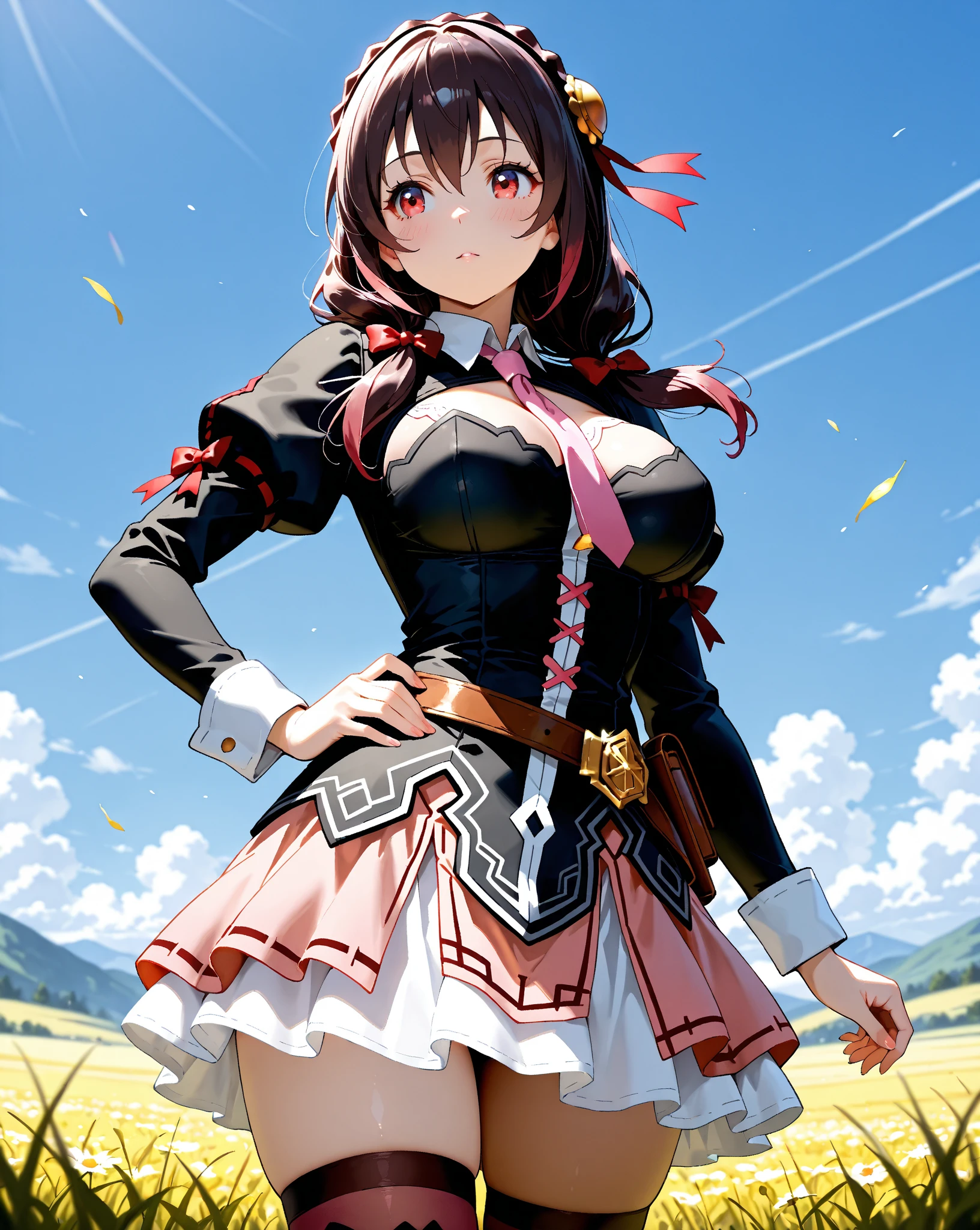 Twilight,Orange sun,Rena Ryuuguu, Orange Hair, short hair, blue eyes,Mountain of bulky trash,Narrow waist,Normal size breasts,
(White Beret), bow, bowtie,(White Dress:1.2),White Skirt,Have, puffy Short sleeve, Puffy sleeves, purple bow, purple bowtie, Short sleeve, Black knee socks, zettai ryouiki,blush,(From below:1.3),(Skirt lift up to the navel:1.5), (Skirt roll up:1.3),stand,(Leg spread:1.3),((No underwear)),masterpiece,Noise Reduction,Perfect Anatomy,High resolution, Super detailed,Game CG,Dutch Angle ,Beautiful attention to detail,Visual Arts,Five Fingers, Perfect hands, Perfect lighting,