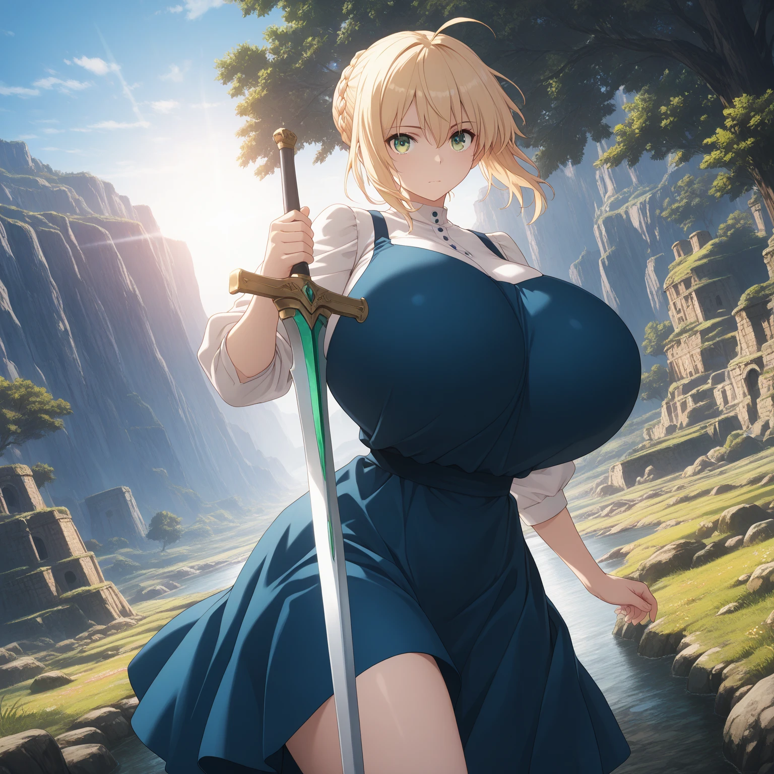 (Trading Card Game Frames:1.7),(((Armor and sword of Joan of Arc:1.3))),(((Ancient Western Landscapes:1,3))),(((Armed Girls in Europe:1.3))),(((Enhance your movements with a sword with a motion blur effect:1.3))),(beautiful a girl),Red pleated skirt,breast slip,(blondehair,See-through bangs and intricate braids、twisted beaded ponytail),(((emphasizing breasts:1.3))),(Dynamic angles),(Dynamic and sexy forward pose:1.3),(((Dignified statue))),(((hair pin,a necklace,piercings))),Colossal tits,Blush with embarrassment,Enraptured eyes,skin glistening with sweat,gazing at viewer,Disturbance of clothing due to movement,pointed red mouth,Perfect round face,,Proper body proportion,Intricate details,Very delicate and beautiful hair,photos realistic,Dreamy,Professional Movie Lighting,realistic shadow,Solo Focus,Beautiful hands,Beautiful fingers,Detailed finger features,detailed clothes features,Detailed hair features,detailed facial features,top-quality,Ultra-high resolution output image,) ,(The 8k quality,),(Image Mode Ultra HD,)