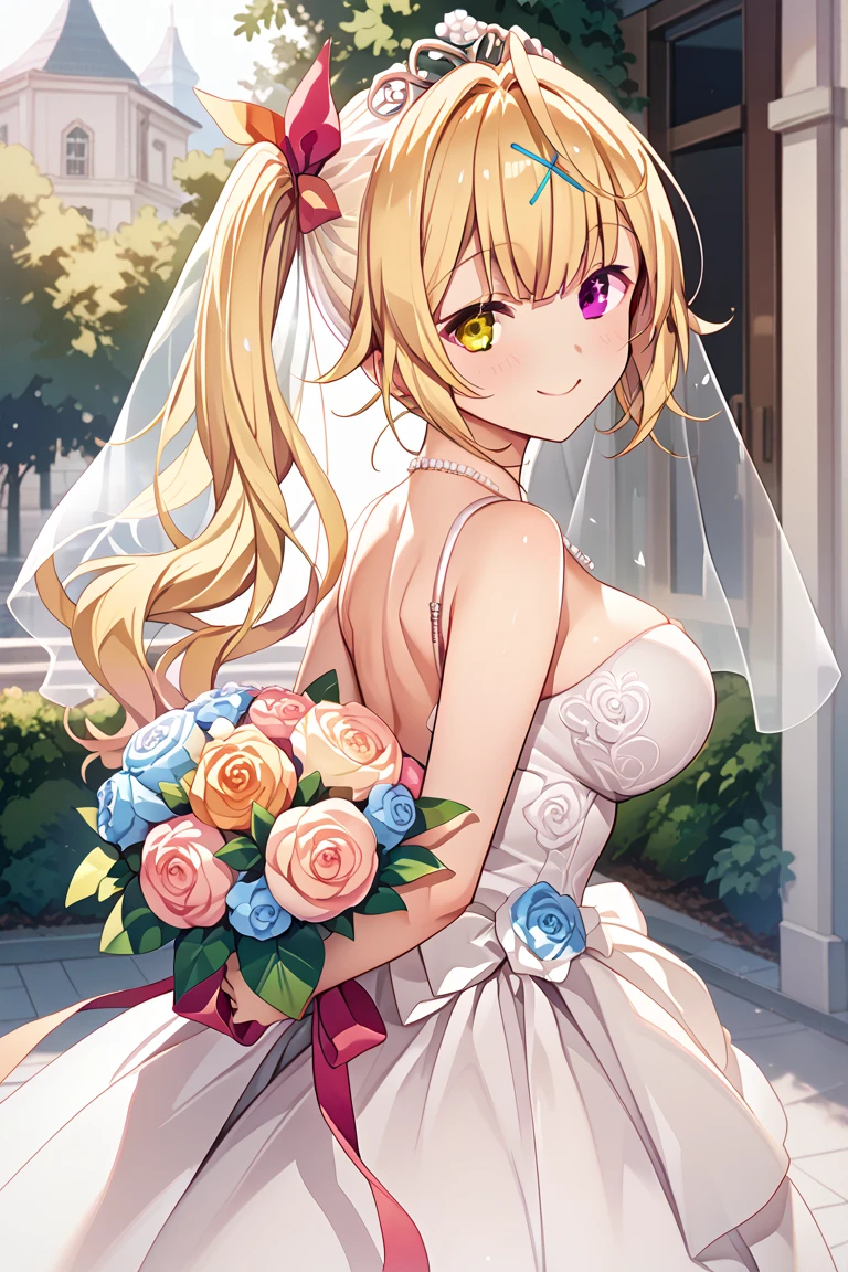 20 years old,1 girl,hyperrealistic, 8k, (extremely detailed 8k), (very delicate and beautiful), (masterpiece), (better quality:1.0), (ultra high resolution:1.0), (masterpiece, best quality), cute,blonde,cleavage cutout,(broen dress:1.3),(crop top navel:1),gleaming skin,twintails,twin bun,a red ribbon on the head,long hair,light green frill Chinese-made dress,white long gloves,delighted,pink border,hold a bouquet of flowers,from the front,a bunch of flowers,POV,bust shot