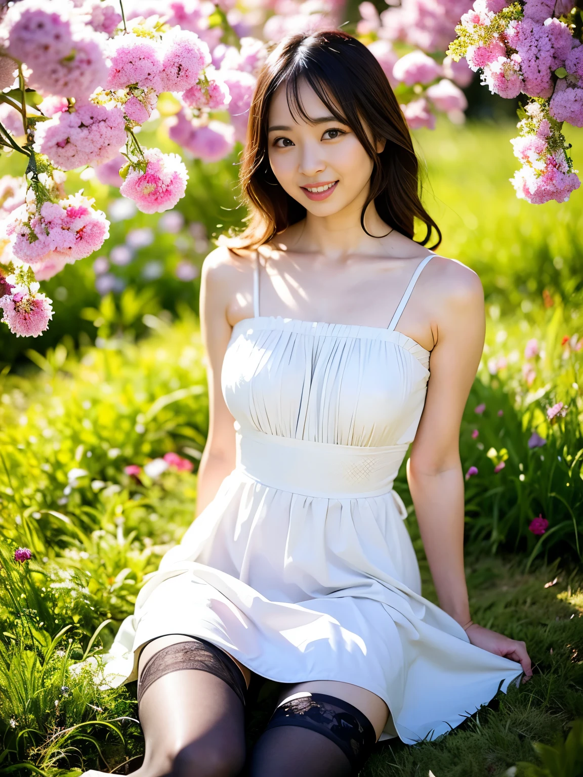 beautiful脚, stockings, ultra details, masterpiece, Highest Quality, beautiful, details, solos, charming smile, Sexy Lips , One Girl, brown eyes, Silver Hair, sexy pose, big , low hair ring, open legs, under shot, gardenを歩く, Actress, silk dress with barley, garden, surrounded by flowers, Spence