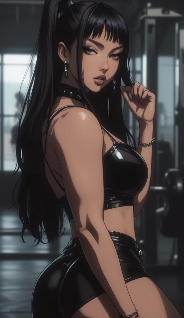 A beautiful woman with shoulder-length long hair, big breasts, beautiful legs, and a sharp face is standing with a middle-aged man in a suit at a supermarket wearing a black tube top that exposes her navel and black panty-like hot pants.。