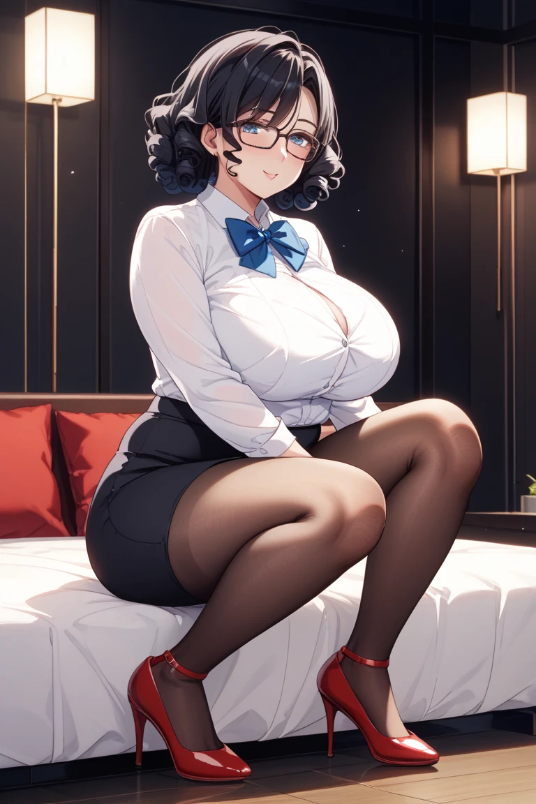 ((super high quality,))((Ultra-high resolution,))(16K,)(super masterpiece,)((Ultra HD ,))(Detailed shading,)Full body photo,3 Sexy Moms,Lie side by side on the bed,Office Lady,((popped Tight collar White shirts,))Black tight skirt,Glasses,blush,Lewd smile,Sweaty,Bedroom at night,