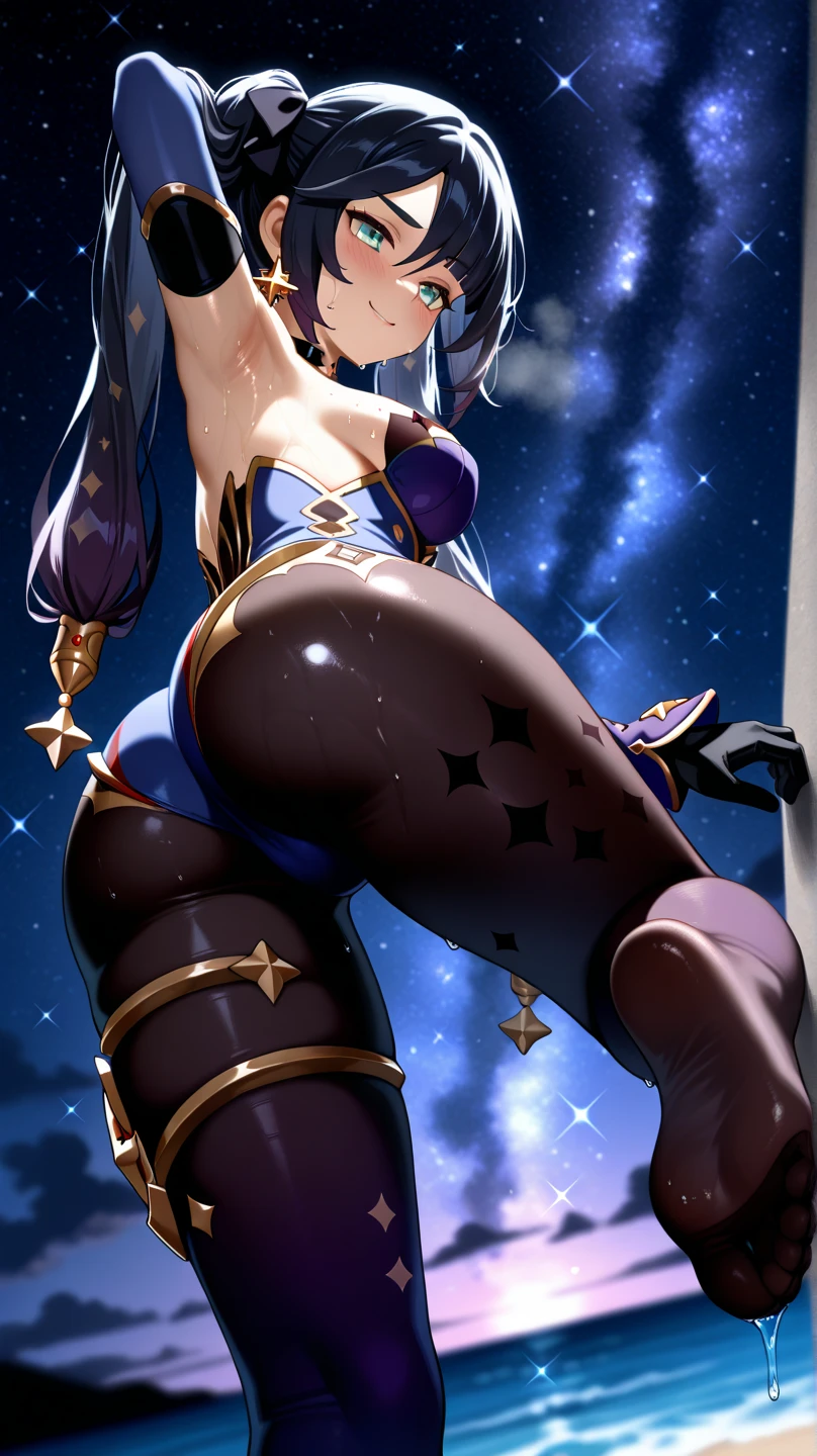 Erisa, skin tight outfit, butt, seductive, small chest, thick thighs, 1girl, fake animal ears 1 fang, night sky view, realistic, best quality, masterpiece, ultra detail, ultra high res, extreme detail,8k
