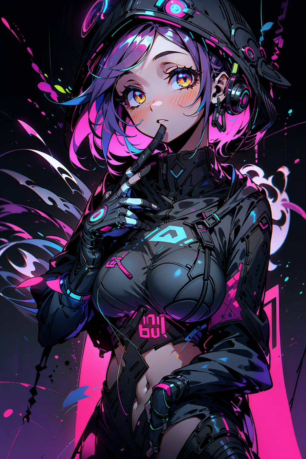 Cyberpunk anime. 1girl. Short black hair. Purple eyes. Purple highlights. White vest. Purple shorts and skirt. Laying on the floor. Blood is everywhere near her. Tears (tears 8) (blood 10) background is city. Neon. blood outside mouth. Scream