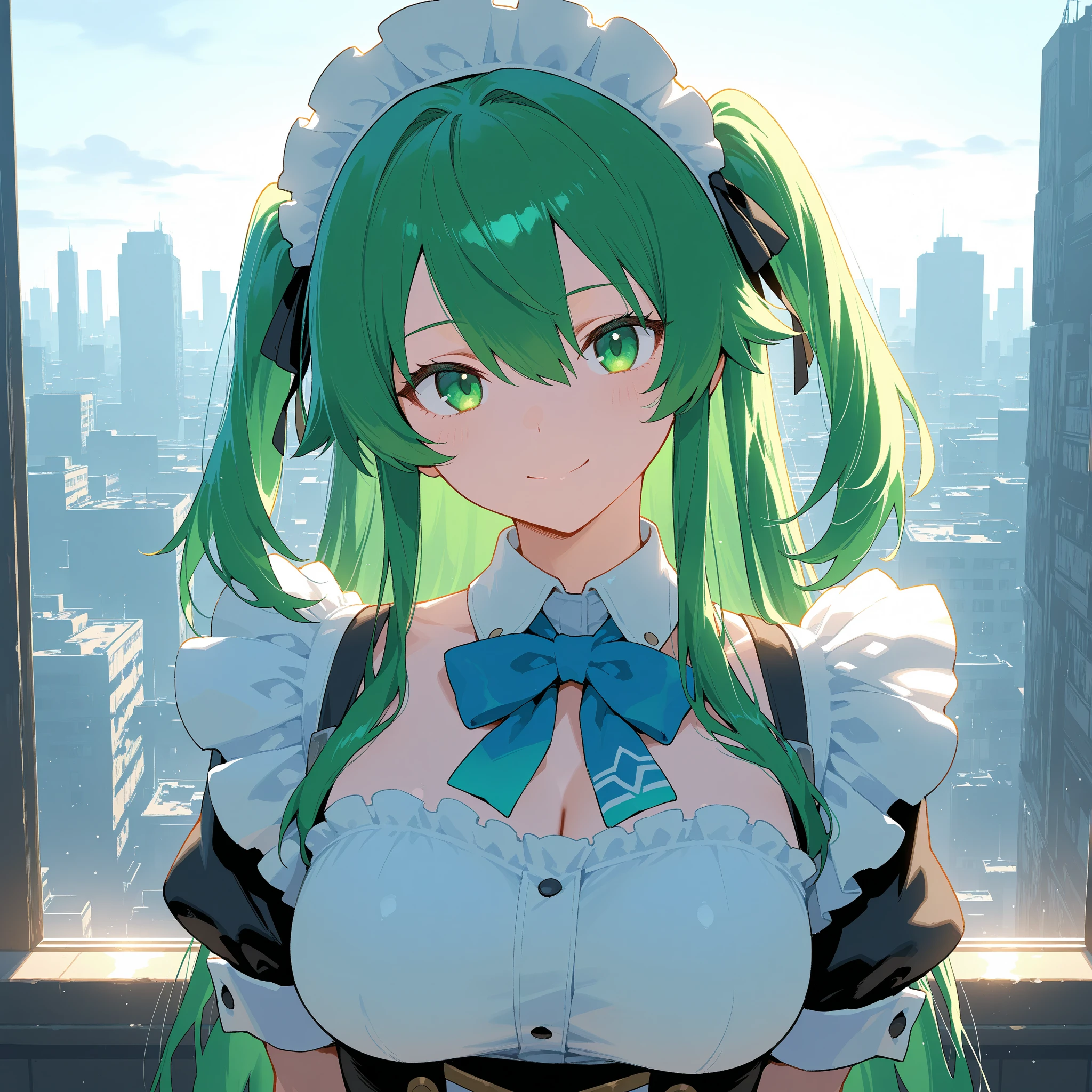 lum, long hair, breasts, blue eyes, eyeshadow, green hair, tiger-stripped horns, night, Colorful cyberpunk city background, Cyberworld, rain, street, housemaid, Brilliant eyes, black stockings, with backlight, shine, looking for an audience, Low-angle lens, looking into the lens, perfect composition, Perfect delicacy of light and shadow, mole under eye, rolling eyes, Pop art, anime style, ray tracing, 8K, best quality, high quality, super detail, highres