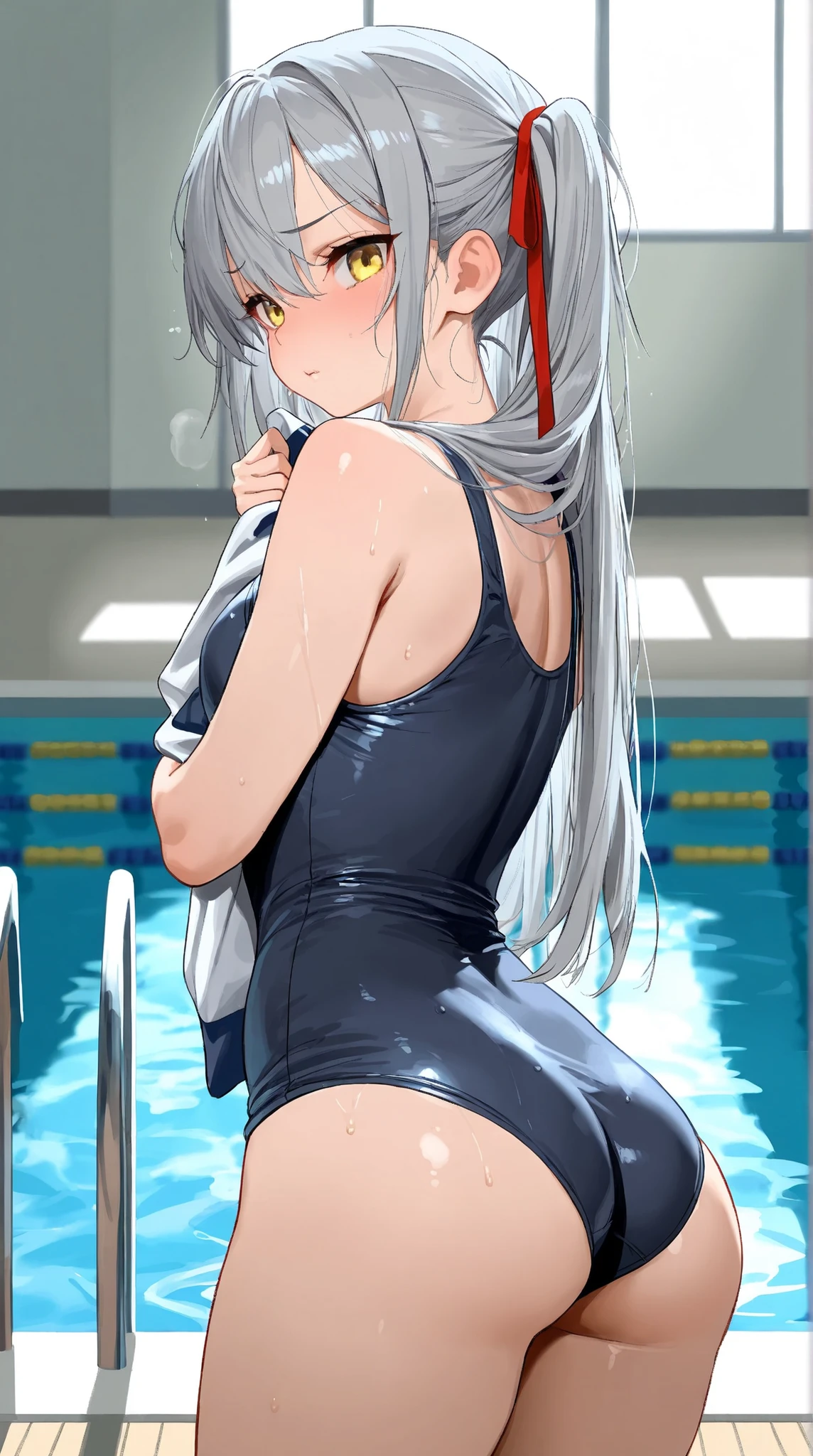 8K (high resolution) (Super Detailed) (masterpiece) (Highest Quality) detailed eyes detailed faces with ofisu Detailed hands Delicate hair detailed wrinkles on clothes very elaborate body that moves in sports facilities Fine Skin (solo) early yellow eyes ish expression (Grey Hair) Long hair Tie one back hair bungs red ribbon on the side of the head ((small )) Flushing cheeks Embarrassing Look school swimsuit Standing by the pool see here composition from an oblique bottom