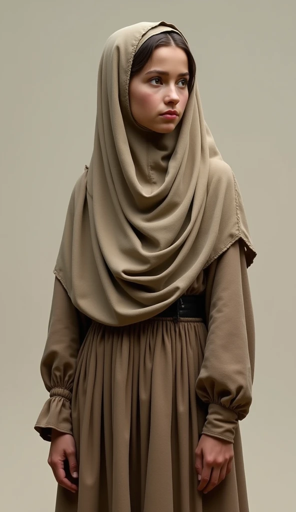 Portrait of 30 years old muslim woman wearing a hijab, proper face, standing streight, frontal view, looking at camera, no facial expression, no make-up, photorealism:1.2, high detail, high resolution, 4K, UHD