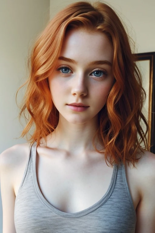 girl in, age19, Solo, Aesthetic artwork, irish, wavy ginger hair, shoulder length hair, gray eyes, light grey eyes, pale skin, A-cup, small breasts, runners body, (textured skin, skin pores:1.1), goosebumps, in a green sundress, downblouse, outside, no hands ((hands hidden))