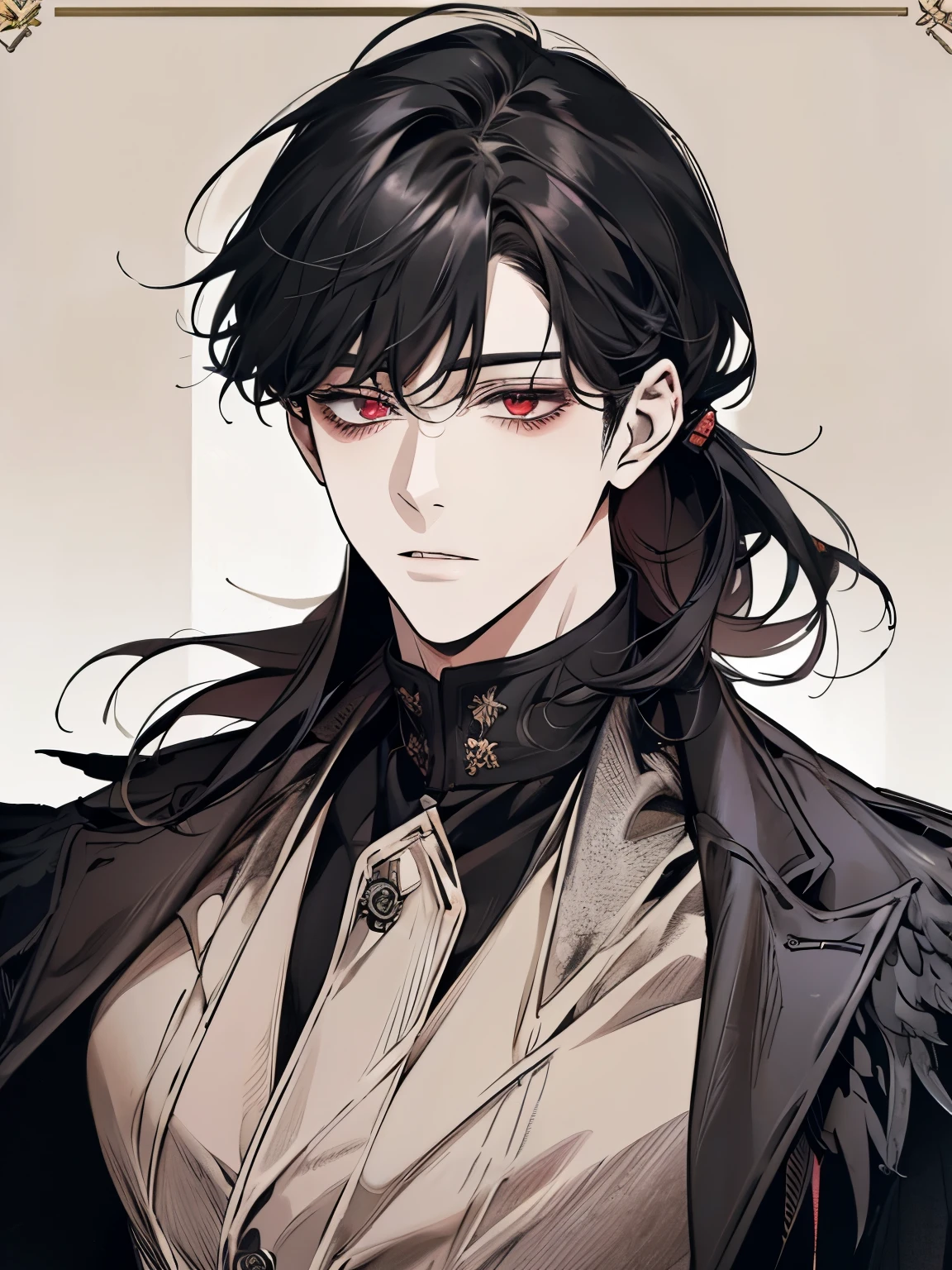 alone, 애니메이션 그림의 black hair에 붉은 눈을 가진 남자, clean animated outlines , Leaf cut bangs, long back hair, Black wings behind the back, man anime style, sober face, Hell background , high quality background , 붉은색과 검은색의 Hell background , black hair, red eyes,