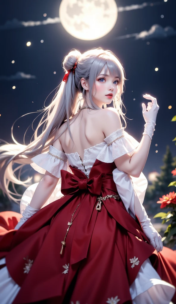 RAW photo, (Full HD epic wallpaper),8K,hyper HD, Digital SLR, Soft lighting, High quality, filmgrain, Fujifilm XT3,The eyes are delicate and clear,The face is super clear,(1人, femele:1.2),( A half body), Long gray hair, (The camera is focused on the knee:1.3),Solo, Detailed background, Detailed face, Pale complexion, Lolita costume, Red robe, , Floating particles, particle fx,, red flames, the are In the background, Surrounded by a crimson mist, Sunset, symetrical composition, Epic atmosphere,