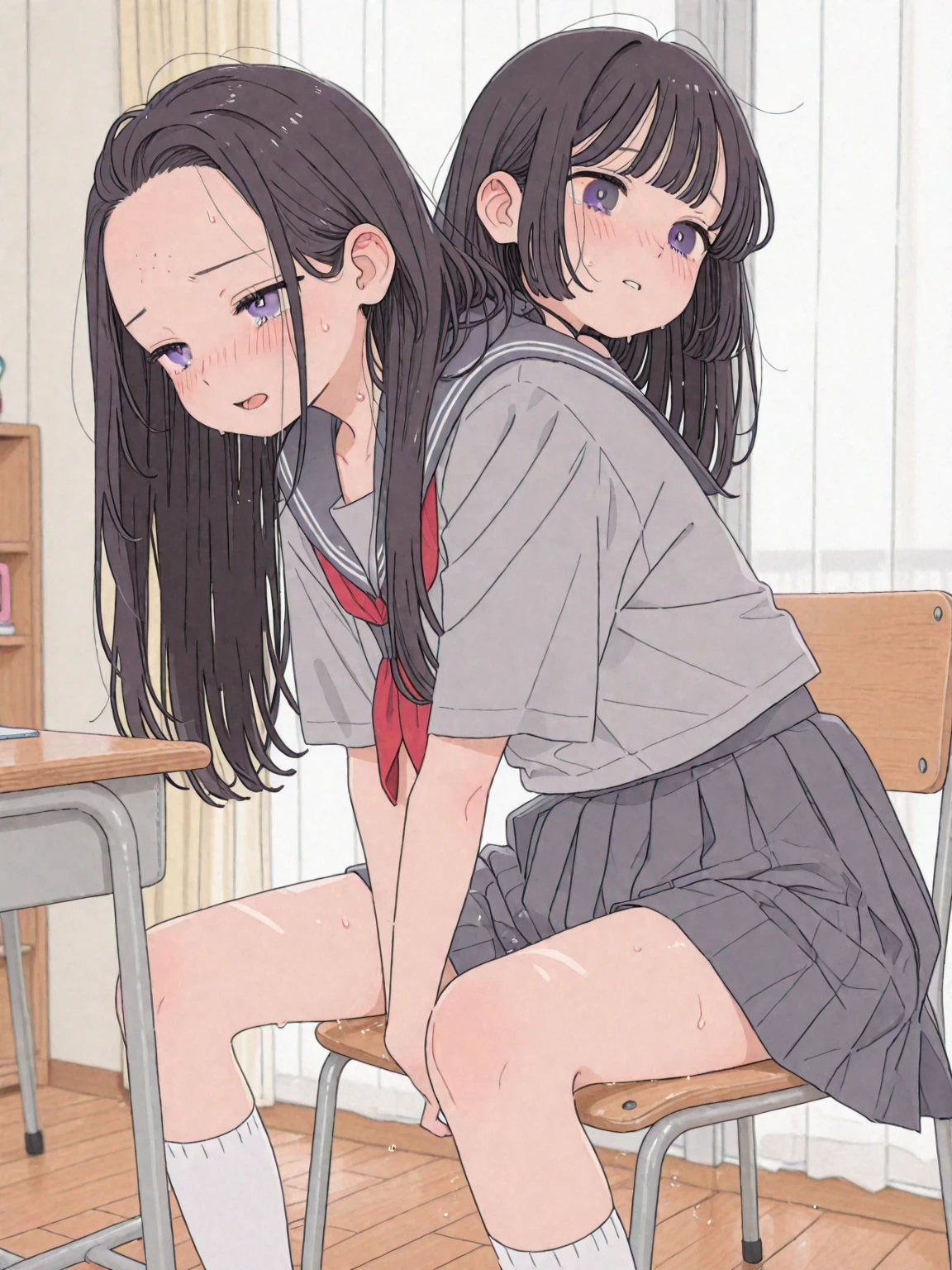 Asian , sharp face, small nose, pink small lips, grey asian eyes, grey short bangs, white school shirt, pink short tie, grey short skirt, short white socks, black fancy shoes, sitting on a chair