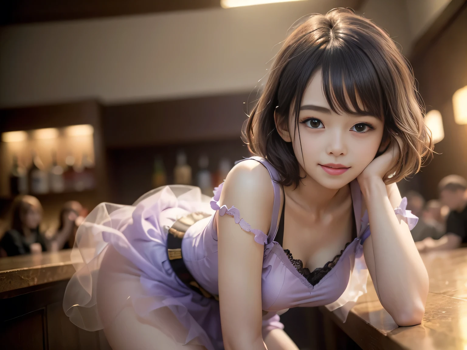 (Highest quality, masterpiece, Ultra-high resolution, 8k, RAW Photos, Realistic, Anatomically correct:1.5), 20-year-old girl:1.2, Embarrassing, avert your eyes, blush:1.0, View Viewer, ((bar)) 、Large windows、Night view、 Light:1.2, Bokeh, Cinema Lighting:1.0, Depth of written boundary, sharp、 Cute Face、Idol、(Black short sleeve lace top)、(Black tulle skirt)、(Purple clothes)、”dwarf”、(Full Body Shot)、(Side angle)、Cowboy Shot、( smile)、((Ultra short hair、Berry Short))、(Straight bangs)、((See-through))、(( One woman))、look back、I can see your belly button、