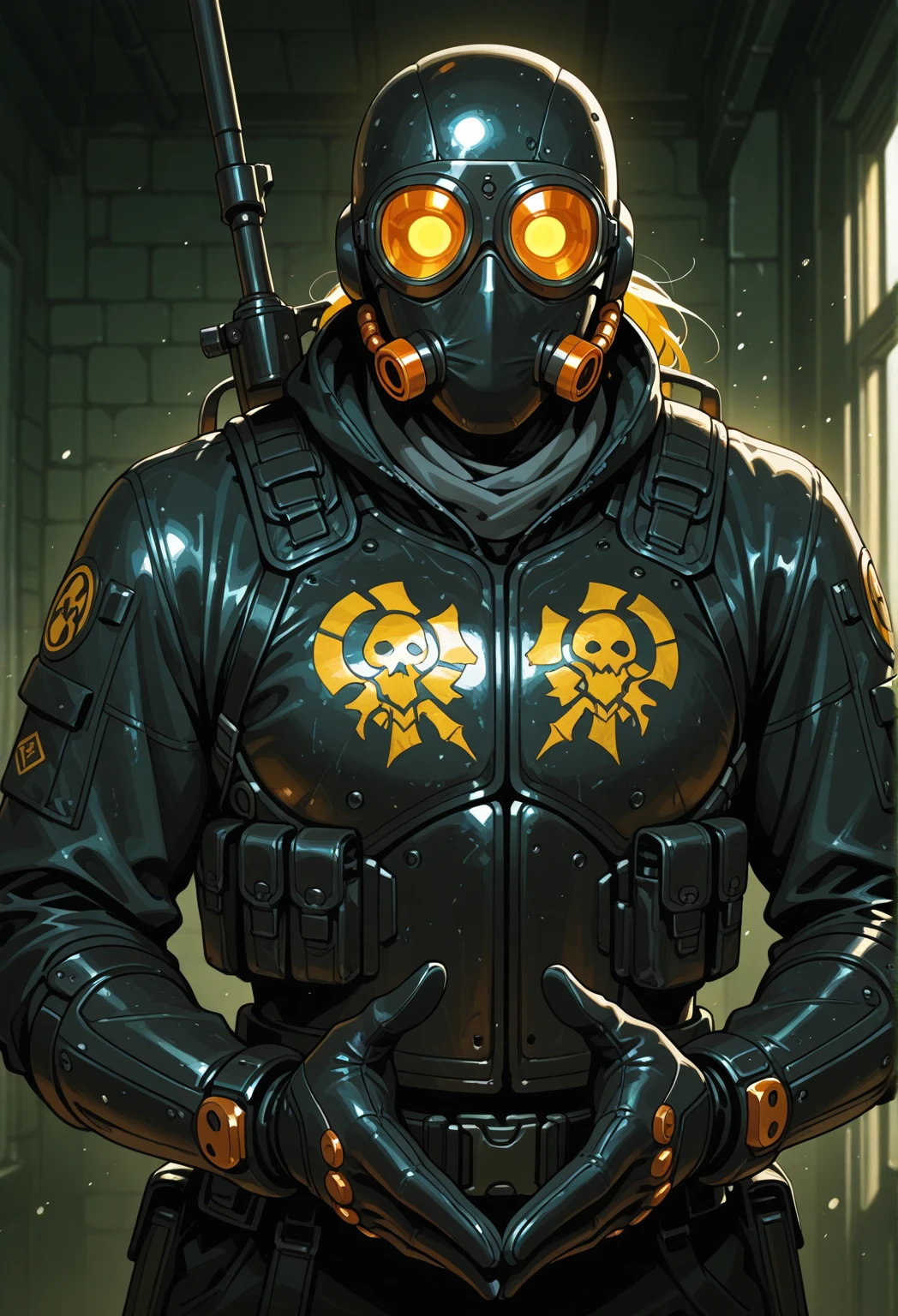 a male cyborg with mechanical head parts and wires, yellow eyes, black makeup, grunge background, man in gas mask looking at yellow magic ball, grunge background, dirty beige background, (best quality,4k,8k,highres,masterpiece:1.2),ultra-detailed,(realistic,photorealistic,photo-realistic:1.37),digital painting, artwork by AIDA_ColGruBioMec:1.3, AIDA_ColGruBioMec style