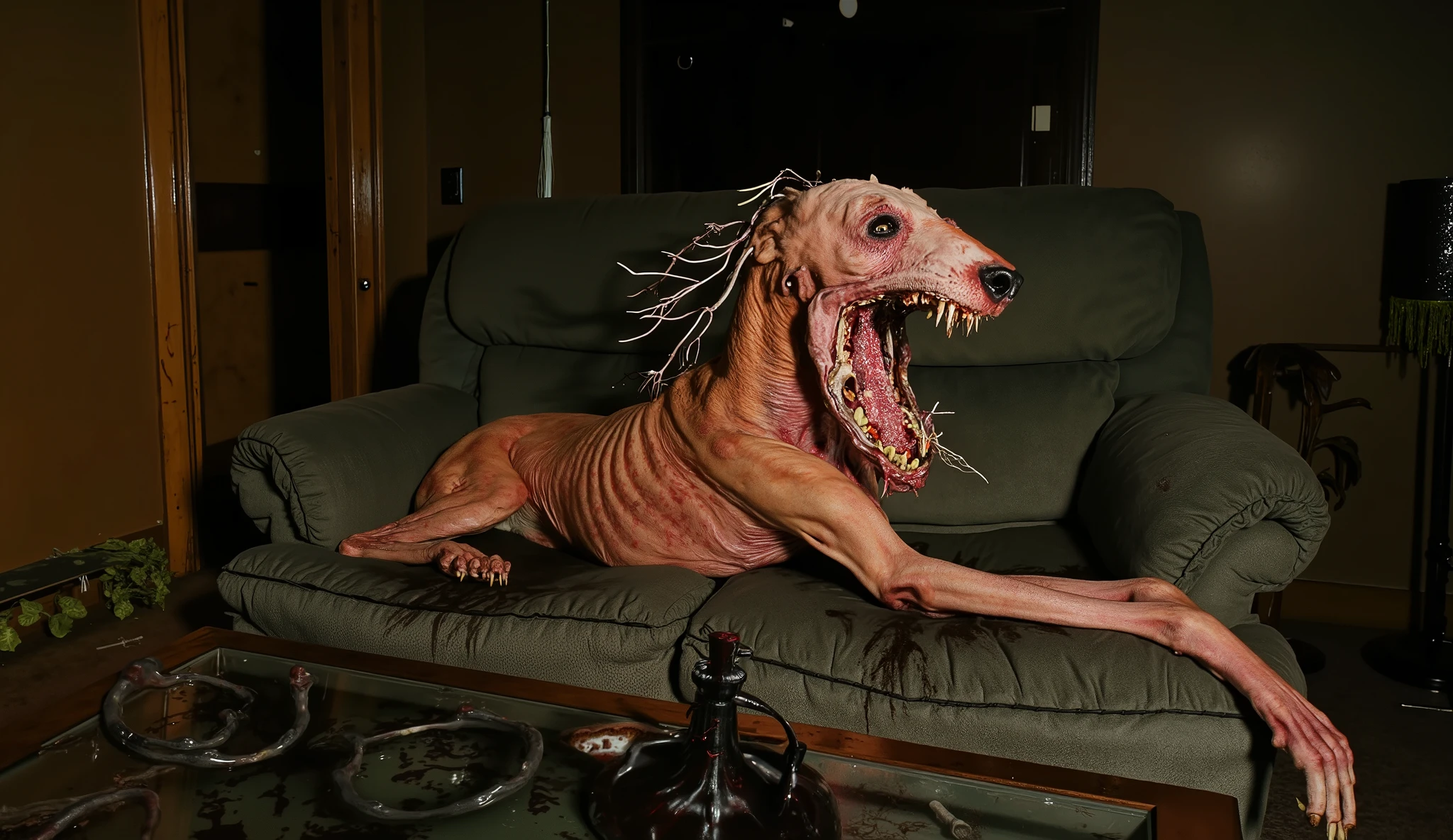 ((((solo, realistic, photorealistic, photo, photography, 8k uhd, ultra-detailed, feral, huge canine penis, urine, anal, POV, hands on hips)))), hyper realistic, ultra detailed image of a terrordog, fat, feral, thick thighs, sexy thighs, solo, shaded, intricate, realistic, detailed background, dark skin, (saliva:0.8), monster, claws, (short tail:0.8), ((((hands on breast, excessive lactation, huge canine penis, anatomically correct penis, panting, aroused, urine shot, urine on body, lying back, penisbiggerthanbody)))), estrus. multi breast, multi nipple, hyper Teats, thick nipples, long nipples
