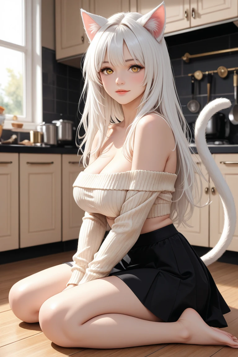 completely white 21 years old woman with gray eyes, nsfw, white hair, white sweater cleavage, big tits, long hair, big legs, black college miniskirt