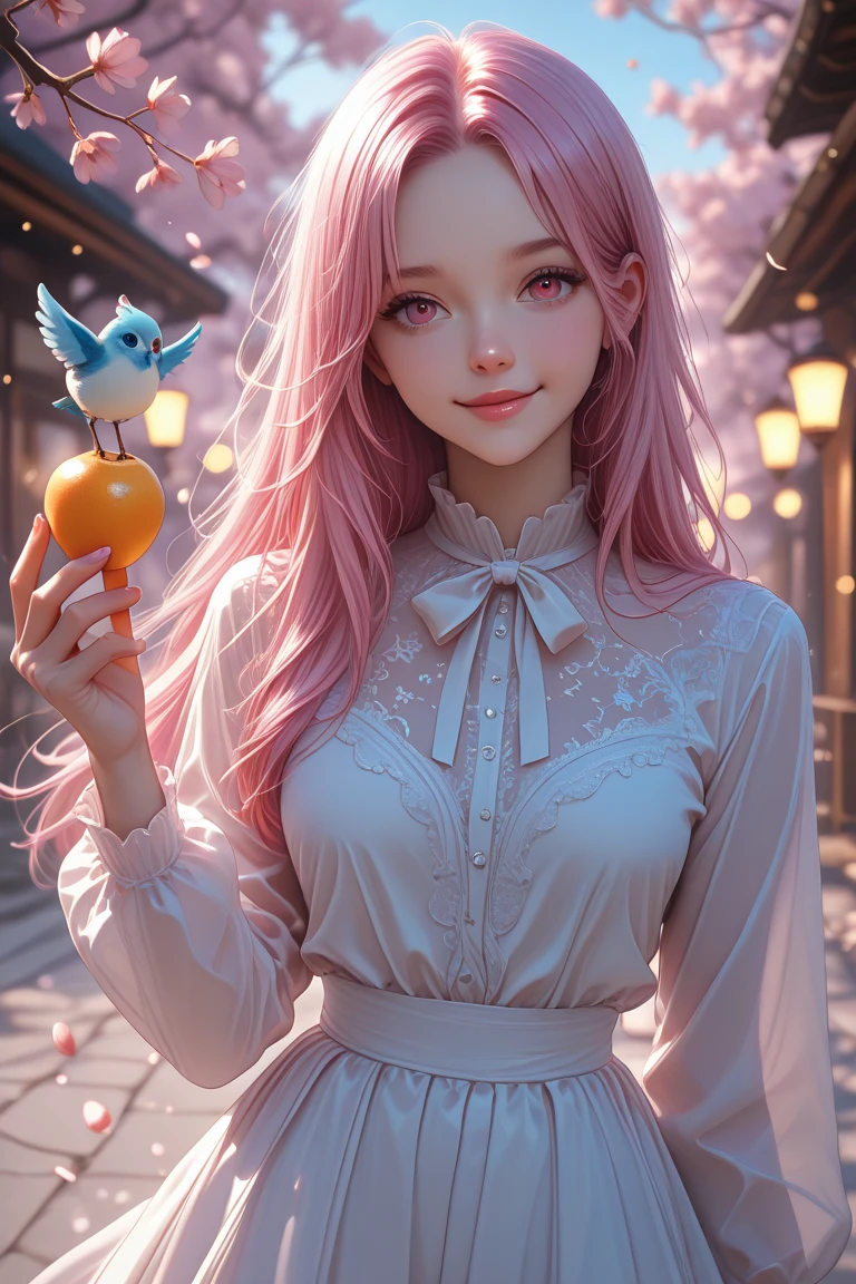 perfect face, perfect hands. A pink haired woman with violet eyes and an hourglass figure in a summer dress is catching fireflies at night in the park with a big smile
