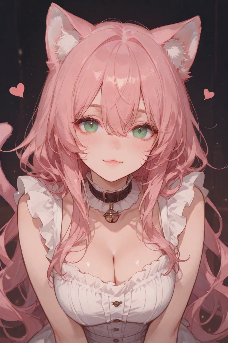 beautiful illustrations, highest quality, sexy one girl ,(conversion sequence),fractal art, albino, pink hair color ,Hairstyle is short braided hair, Cat ear,clover hair ornament、string around neck、beautiful detailed green eyes, cinematic lighting, looking at the viewer from below,Chest emphasis,lewd look,Whispering,The background is darkness and a bed,blur in the background,face is close,highlight around the eyes,knitted clothes,dark atmosphere