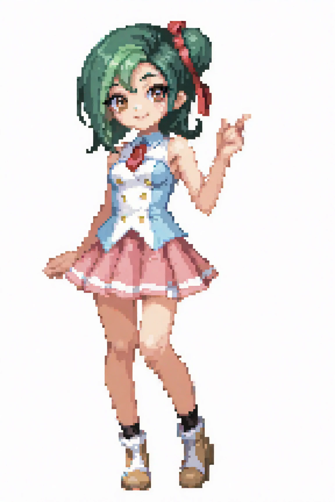 Azhiichigo style,largeeyes,Thick lines,adolable,,Upper position。Koi,,The upper part of the body,.\(styled):Kawaii style,,..\(composition):\1girll,,..(appearance):consistency,mischievous face,ssmile,Wavy curly hair,brunette color hair,dark red eye,..(garments):,(There are a lot of frills,Lace and ribbon clothes:1.2),(Pastel color style:1.1),hand on hips,cheeky face,White and pink clothes,White and pink shoes,,..\(Doing):,..\(Location):(surround,Heart-shaped gemstones,Heart of the Stars),,..(quality):Best quality at best,tmasterpiece,3D pixel art 8K wallpaper