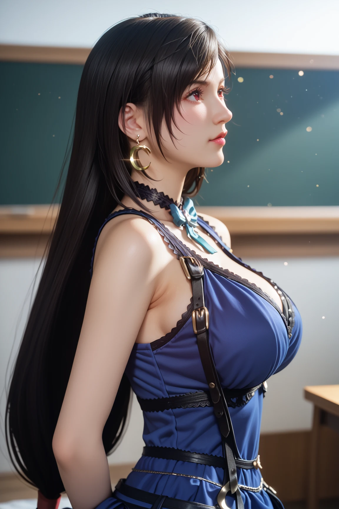 Browsing Caution,(((masterpiece))), (((highest quality))), ((Very detailed)), ((Very delicate and beautiful)), 8k, High resolution , Very delicate and beautiful, High resolution , Tifa Lockhart, 20-year-old, Ample breasts, Huge breasts, Accurate human body, Shiny skin, Fine grain, Perfect Face, Very detailedな顔と肌の質感, Perfect body, Tight waist , whole body, Are standing, The blouse is unbuttoned, (Cleavage:1.8) , classroom, high school student, uniform, (Glasses), (Navy Blue Blazer), (White blouse), (Her breasts are exposed:1.2), Navy blue mini skirt, White Loose Socks