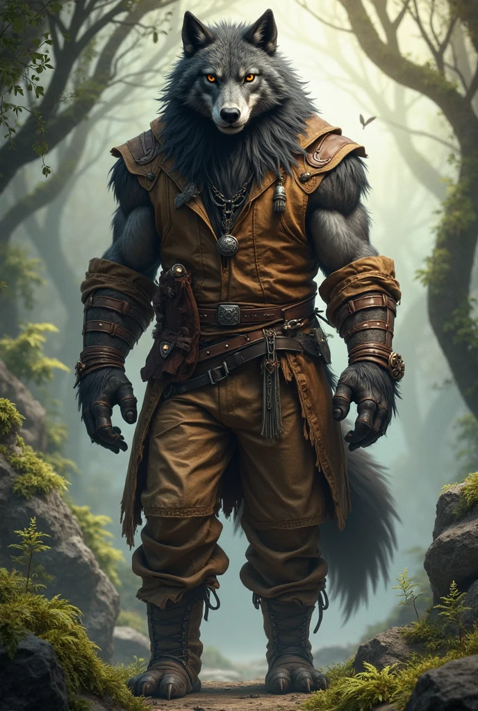fking_scifi_v2, werecreature, werewolf wolf, large head, (green eyes), standing in a forest, toolbelt, 80mm, f/1.8