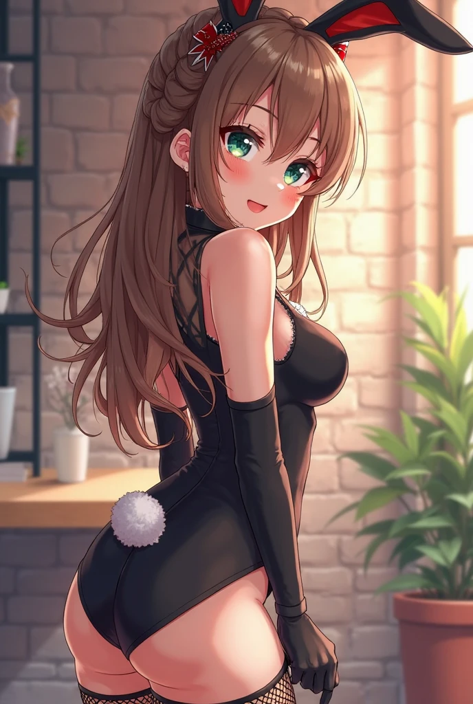 1girl, woman, bra, midriff, tight midi pencil skirt (black), long length pencil skirt, long brown hair, looking at viewer, full body, smile, blush, bedroom, socks