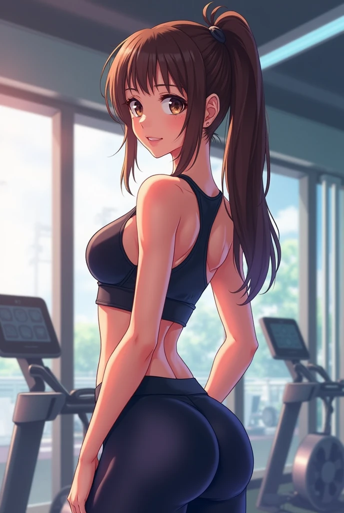 a girl in the gym with long brown hair showing her big butt what she is wearing is tight pink (from back)