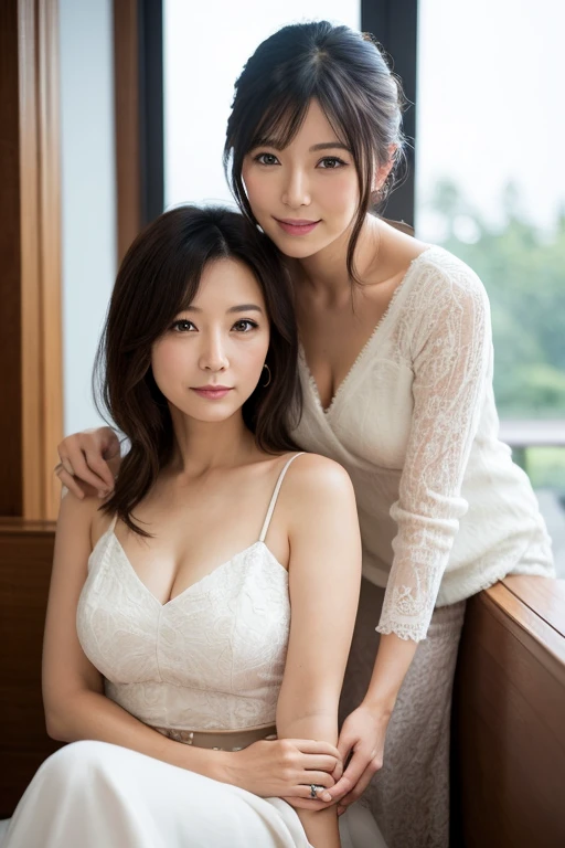 Highest quality, Ultra-high resolution, (Realistic:1.4), RAW Photos, 32K Portrait, Very detailed,Two Girls、Two Girls、Leaning forward、Huge breasts、Cleavage、The two look at each other.、Super large 、 And together、close body、hug、Embrace each other、Mature Woman、Adult women、2girls kiss、tongue out.long tongue.supright straddle.vaginale,sex hug.from side.lesbian sex. 2girls sex.kiss.2girls kiss、tongue kiss..tongue to tongue、Off-the-shoulder knit dress