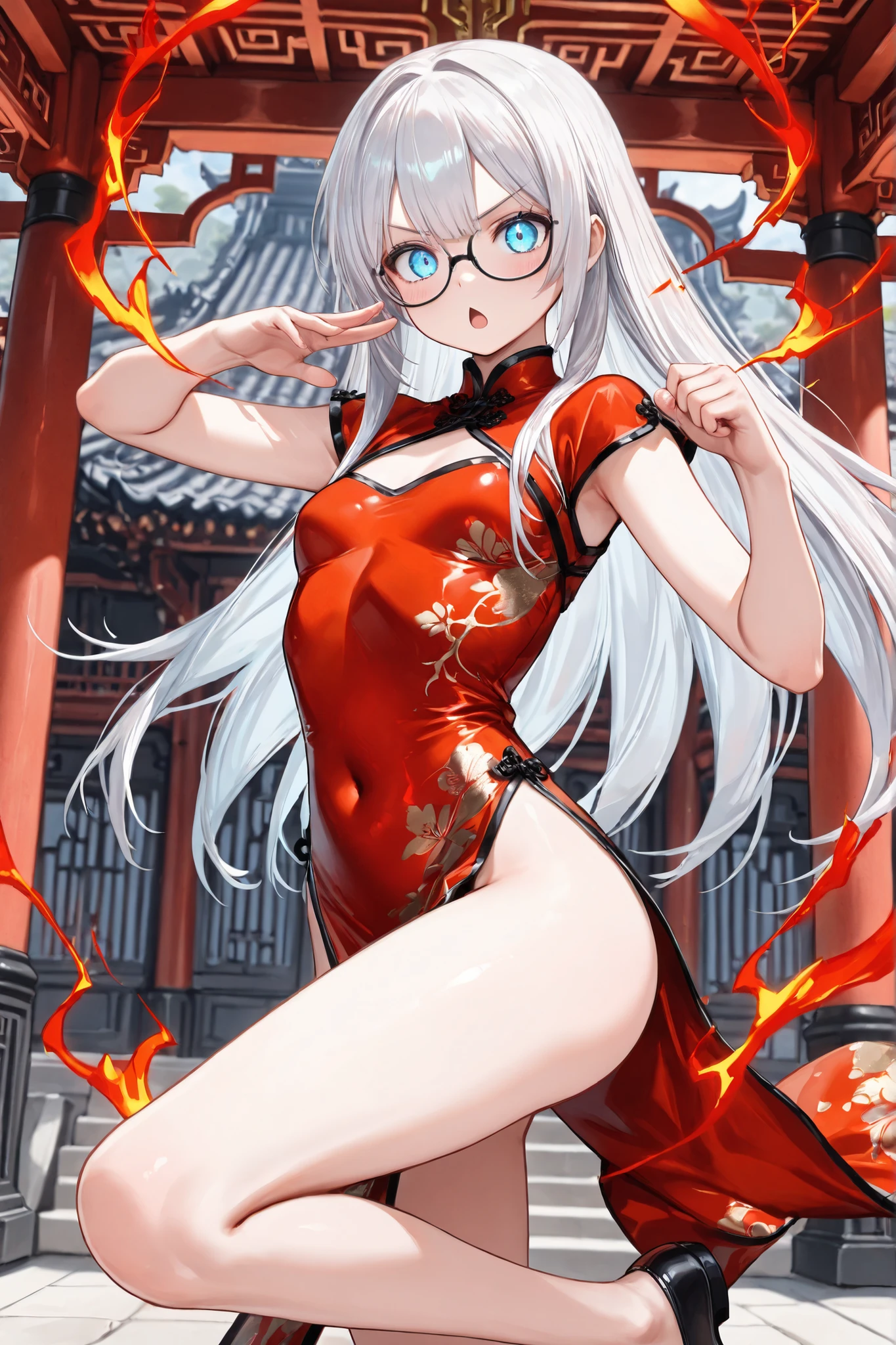 k hd, 8K, (((tmasterpiece))), (((A high resolution))), ((best qualtiy)), ((Extremely refined and beautiful)), on cheongsam,White color hair,red-tinted glasses,a pregirl,Colorful background,On your stomach