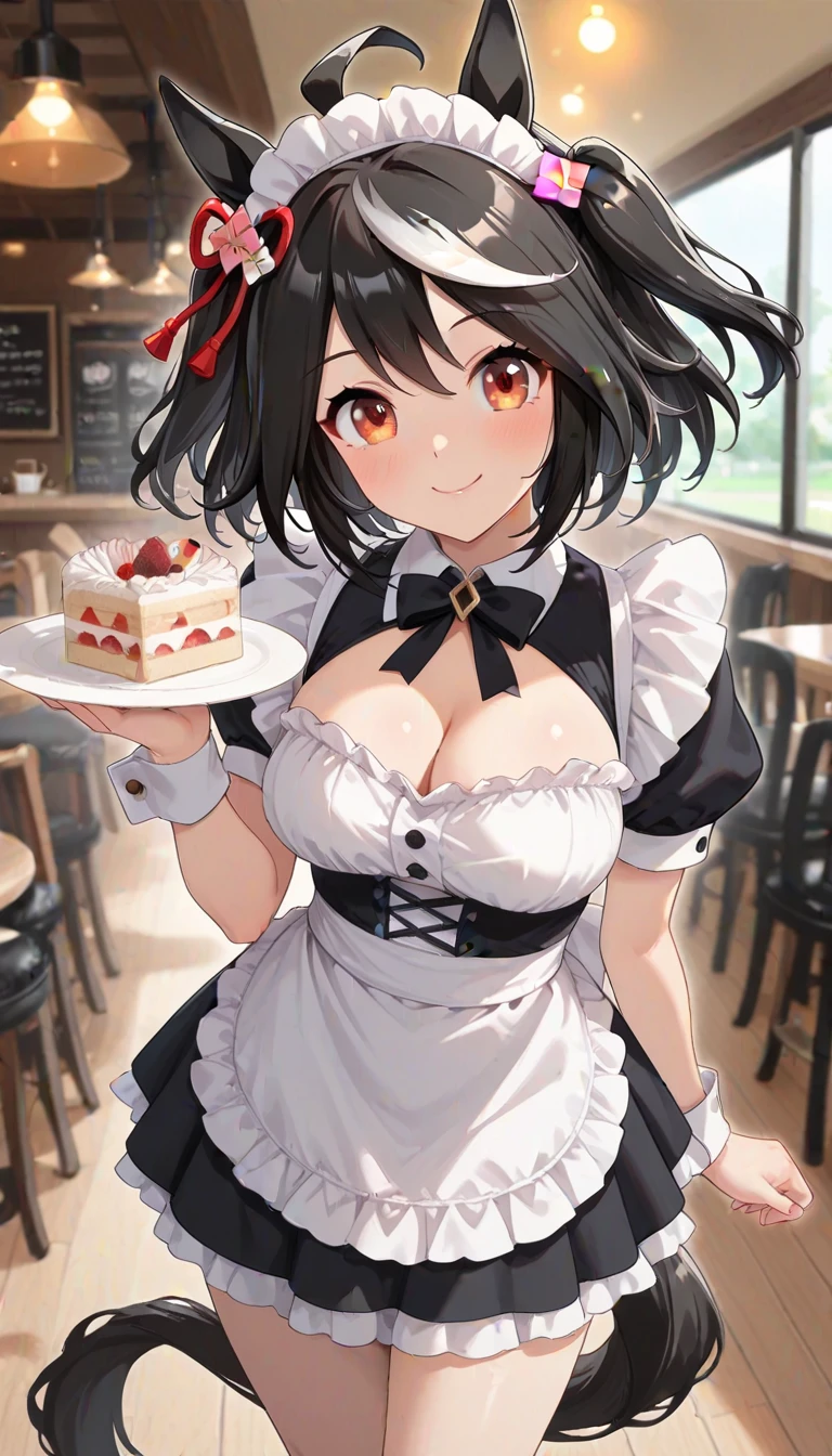 1 girl, small nose, very beautiful detailed face and eyes, bright colors, cute face, delicate beautiful face, Bright magenta eyes, cute eyes, sparkling eyes, Big eyes, (big breasts:1.3), (perky chest:1.1), (pointed chest:1.0), (cake magazine cover:1.3),highest quality, WorKs of masters, High resolution,BlacK color hair,shiny hair, side ponytail,hair between eyes,bangs, (black jacket, real clothes, cleavage, black skirts, black thighhighs, thigh strap, fingerless gloves, single glove:1.2) , spread legs, panties shot, medium hips, glamorous body, white skin, smile, thin pubric hair, super beautiful face, Super beautiful eyes, Super beautiful hair,trendy outfit,sexy and attractive,full body esbian, Real World, Natural light,perfect Natural light,(with sparkling eyes and a contagious smile), This masterpiece is not only visually stunning but also tells, make of cake cooking , in the kitchen, open mouth, looking at viewer,
