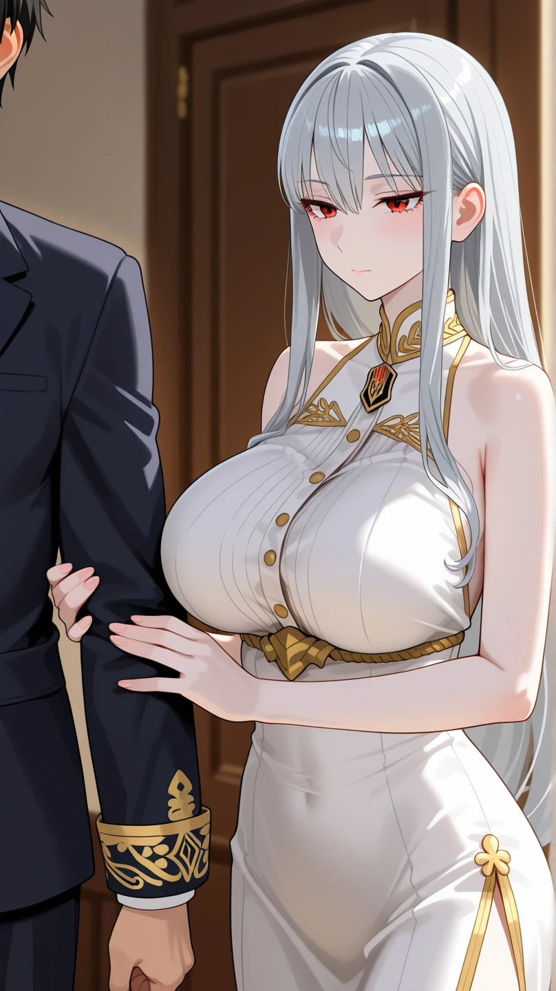 (1 female、One boy),(Boy standing in front of a woman), ((Maid:1.2)),((((boy catches woman'Butt:1.0)))),(Despicable expressions:1.3),{Leg spread:1.2},((Panty shot:1.0)),(Gray Hair,Red eyes) ,Gold Shirt:1.1, (Latex clothing:1.1),(At church),(((Mature Woman:1.1))),(Embarrassing,blush:1.3),(orgasm:1.3),(Ecstasy:1.3) ,(So ridiculous:1.3),(trembling:1.3),(tears:1.1) ,(Lace panties:1.1),(Huge breasts:1.0),(Breasts overflowing from a white bra:1.1),((vapor:1.2)),masterpiece, Highest quality, Very detailed, Dynamic Angle, ((Perfect hands)), Fine, shiny skin, Thin Hair, Beautiful Eyes), Great background, Meaningful Background, Absurd background, Artistic Overlays, and colorful hair. The style is surrealism, Cinema Lighting, Ray Tracing,Holy Light, perspective,(avert your eyes:1.3),(Contrasting:1.3),(Gold decoration),(Gray costume),(Long Sleeve Costume),((Lace Long Skirt)),(((Very tight shirt:1.4))),Look at each other