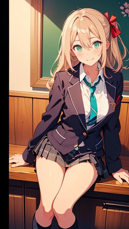 score_9, score_8_up, score_7_up, score_6_up, score_5_up, score_4_up, (tearju lunatique), (front view), (viewed from below), (full body), (2d anime style), (long blonde hair), (green eyes), (glasses), (large breasts), (white shirt), (deep cleavage), (black pencil blouse), (black pencil skirt), (black transparent thigh highs), (sexy purple lace panties), sexy curves, big head, (solo), sitting on desk, (spread legs), seductive pose, looking at viewer, shy, blushing, shy smile, seductive expression, cute expression, heavy breathing (classroom background)