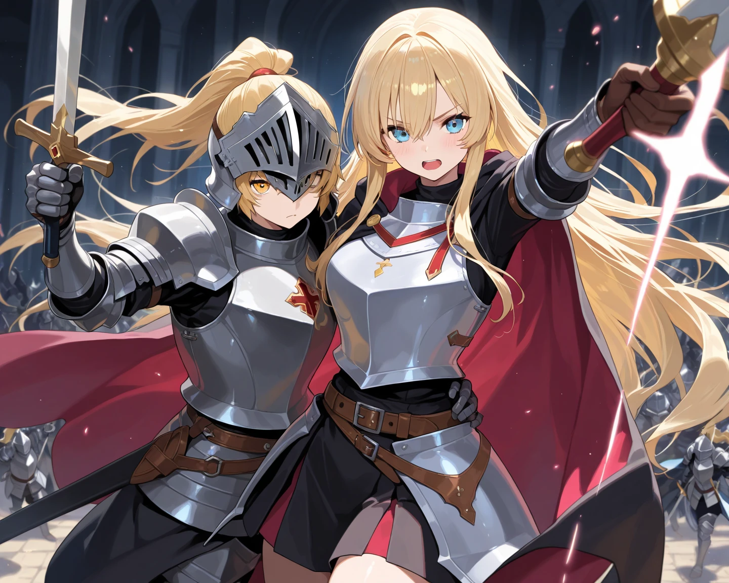 Blonde, dark armor, red cape, narvel, cleavage, knight, sword