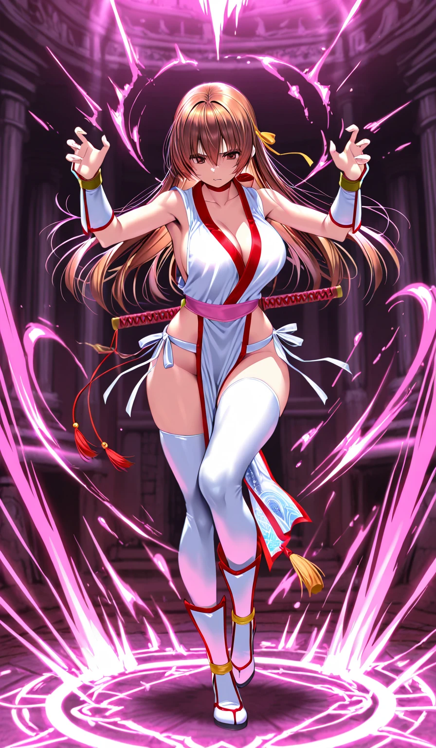 solo, Hahari Hanazono, adult, hair ornament, big breasted, cleavage, full body, long hair, hair ornament gorgeous legs and thighs, cosplaying as Mai Shiranui, she is getting ready to fight, making her guard pose, looking at the viewer, sweating , feeling confident and proud, smiling joyfully and happily, bouncing breasts, fighting scene, martial arts tournament on the beach