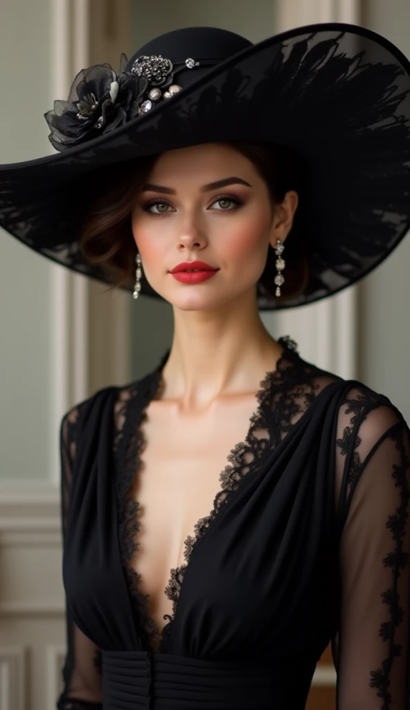 chiaroscuro technique on illustration of an elegant , retro and vintage ,arafed woman with red lips and a black hat posing for a picture, wearing black dress and hat, sexy lips :5 stylish, sexy face with full makeup, by Wayne England, thick red lips, beautiful witch with long hair, sexy red lips, wearing black old dress and hat, mysterious glamour, matte painting, by Hannah Dale, by Harumi Hironaka, extremely soft colors, vibrant, pastel, highly detailed, digital artwork, high contrast, dramatic, refined, tonal, golden ratio