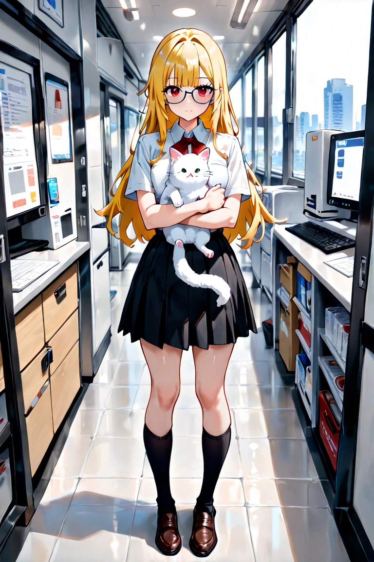 1girl, animal ears, blonde hair, bangs, blue eyes, white nurse, flat, cleavage, glasses, pantyhose, white high heels, siting, indoor, hospital, bed, window, plant, evening, golden hour,, blush, shy, smile <lora:ramiyaryou1:1>