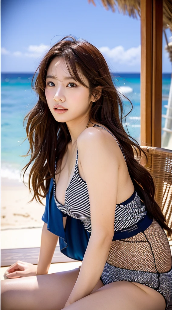 japanese girl brown bikini smooth and soft skin Delicate hair tousled by the wind Ocean summer night sandy beach starry sky A dream-like huge and realistic full moon professional lighting