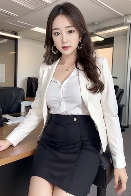 ((Best Quality, 8k, Masterpiece: 1.3)), Fat Body Beauty: 1.4, Chinese Beauty, Busty: 1.6, Rounded Thighs: 1.6, Long Hair, Highly Detailed Face and Skin Texture, Delicate Eyes, Double Eyelid, Round Face, Thin Lips, Smile, Rich Shape, (showing panteis in the skirt), sexy Posture, office Background, (sitting on the table), (hyper realisitic:1.35), of the highest quality、one girls、Natural light、At work、sexy shirt、Black skirt、A dark-haired、huge tit、Big ass、Black stockings