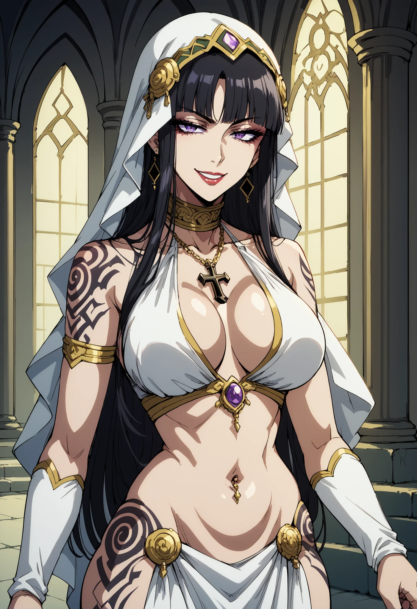Sasha, Purple colored hair, long whitr hair, green-eyed, White dress, Collar, long  skirt ,Sleeveless, Bare shoulders, Chopping, 鎖骨, golden accessories, Big breasts corset, 1 girl, Alone, facing to audience, looking at viewert, full bodyesbian:1.4, ssmile,leg shot，From below