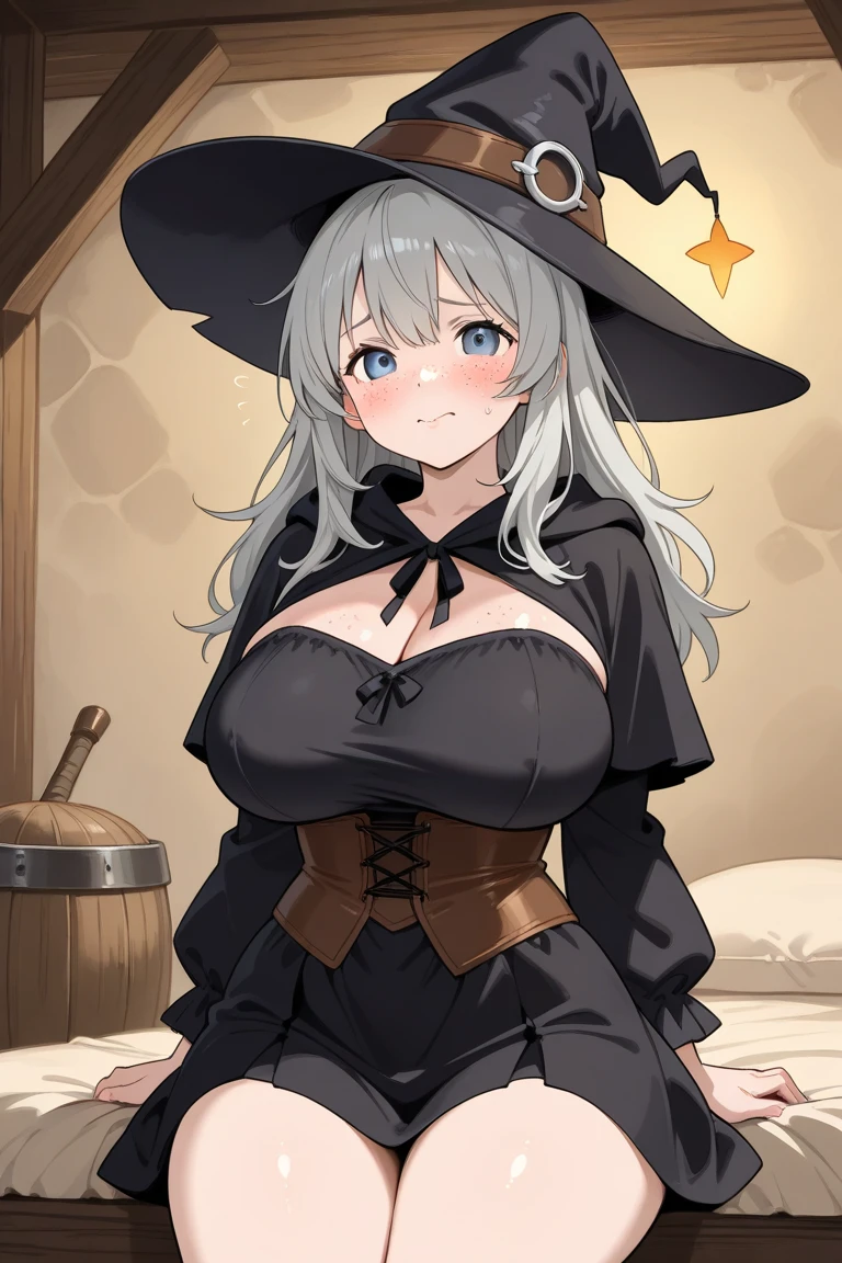 bare shoulders ,white_collared shirt,yellow ribbon,lyileina,witch hat,light smile,larger breats,best quality, huge breasts, Simple background, Portrait
