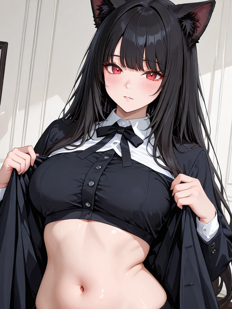 ((Long Straight Black hair)), Perfect face, Choker, Punk earrings, ((Tall)), ((High Quality)), Necklace, ((Mature)), Pretty Eyes, Sharp Nails, Bangs, ((1 Girl)), ((Multiple Earrings)), 1 girl, Spiky Earrings, Adult, Spiked Collar, Thin Eyelashes, Plain Background, Red Colors in Background, Cat Girl, Long Tail, Large Tail, Massive Tail, Black Tail, ((Black Goth Mini Skirt)), ((White Shirt)), Close Up, Very Short Mini Skirt, Tall, Long Legs, Sexy Thigh Highs, ((Very Disgusted)), Dynamic Pose, ((Very Disgusted Face)), Disgusted, Angry, Mad, NSFW, Naked, Nipples, Vagina,