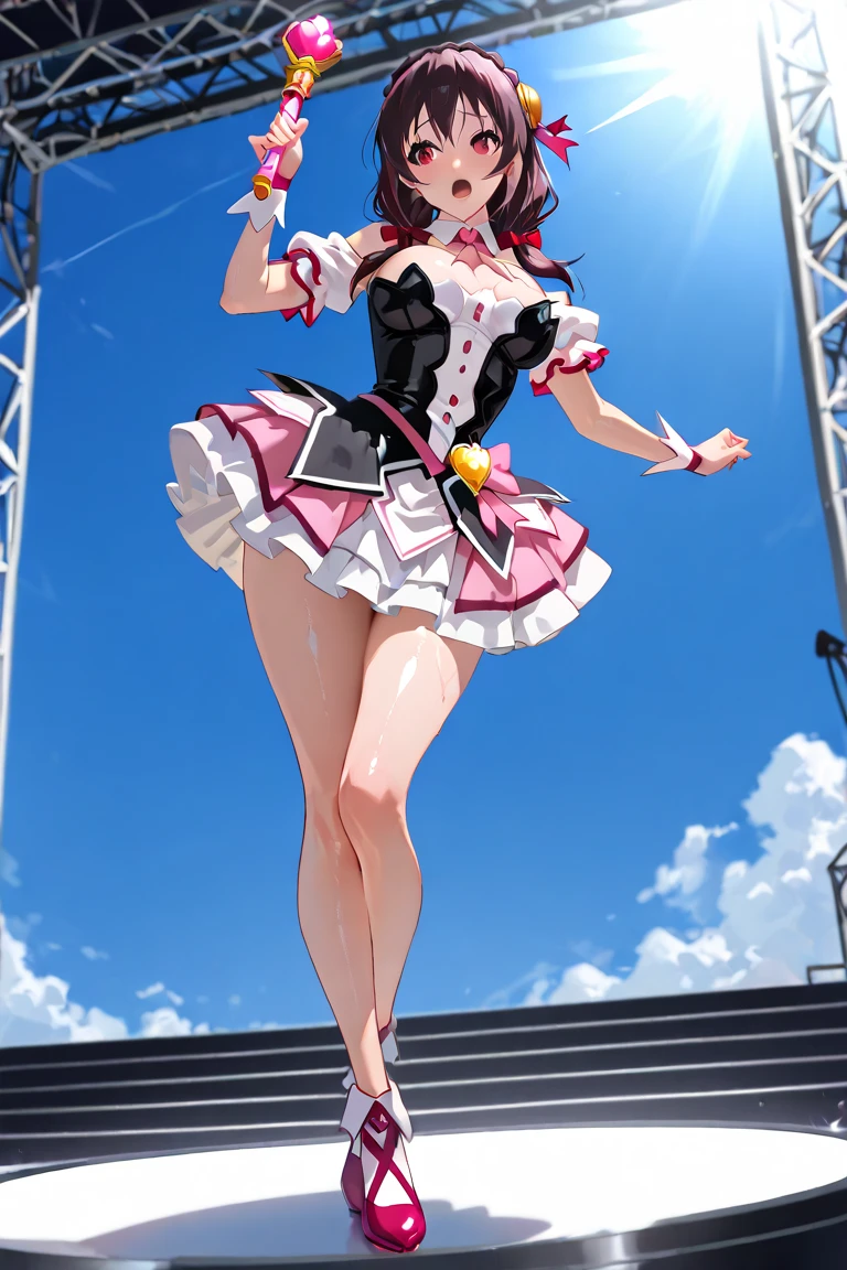 android, beautiful robot makes hard masturbation, she gets orgasms. Her short pigtails, brown hair, Hair tie with two big red clothespins, big smile, brown hair, middle age, joint seam, blue eyes, full body figure, Height: 160cm, She wears only Light beige micro mini pantie, fluttering skirt, skirt folds, white retro swimwear, Uplifting, 2020s anime style, 21thcentury japan animation, show White pantie, strong wind is blowing.
