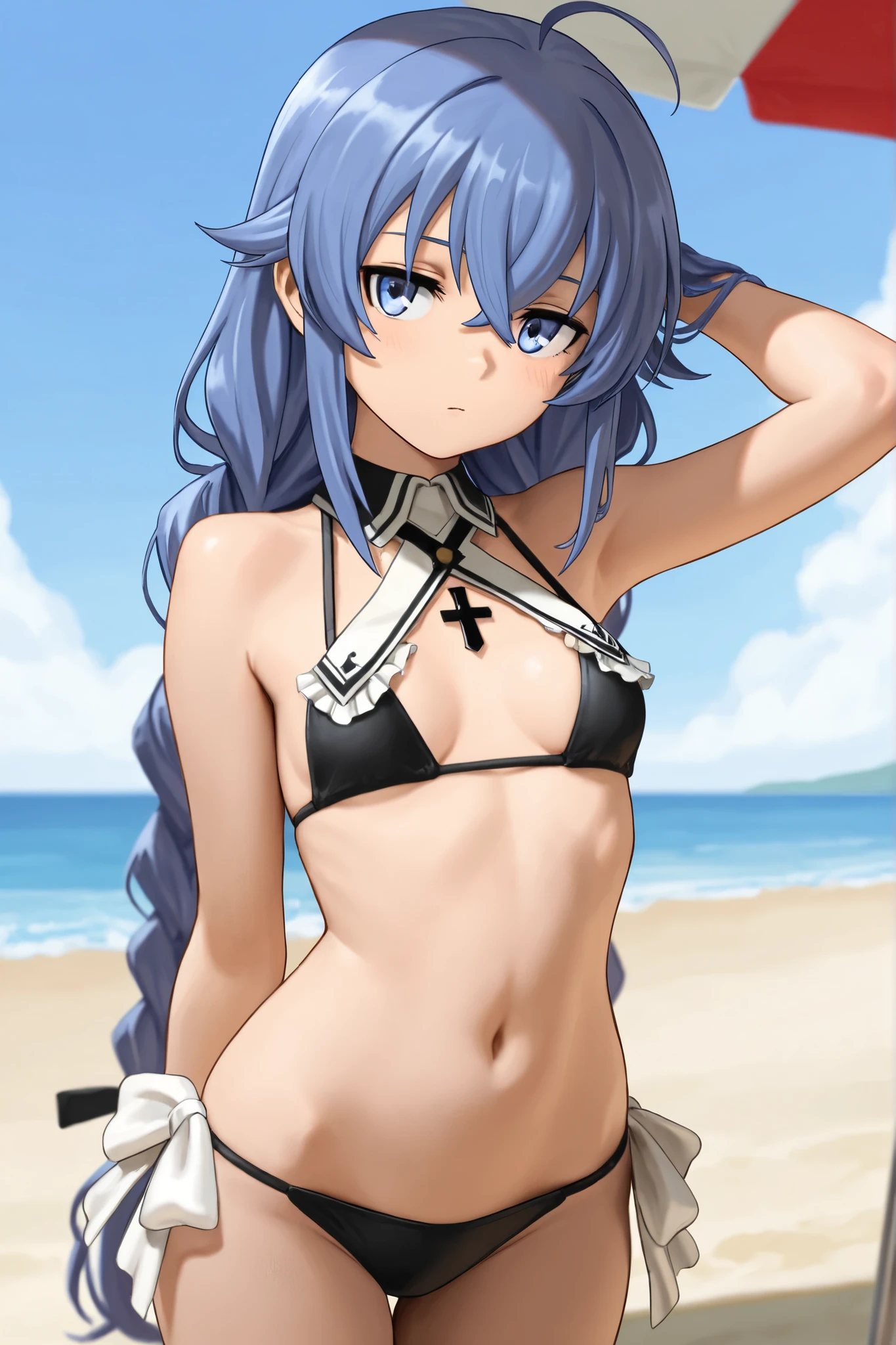 esdeath,
esdeath, girl, blue eyes, blue hair, long hair, smile, eyelashes,
bare feet,10 pack abs, choker, cleavage, collarbone, hat, bikini,
looking at viewer, dutch angle, cowboy shot,