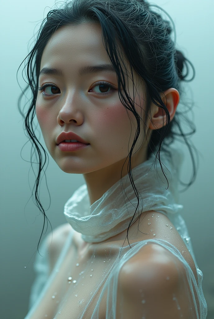 (Highest quality, 4K, 8k, High resolution, masterpiece:1.2), Very detailed, (Realistic, photoRealistic, photo-Realistic:1.37)、smile、Japanese、(Navy blue high neck sleeveless shirt)、(((Bukkake)))、Lips parted,