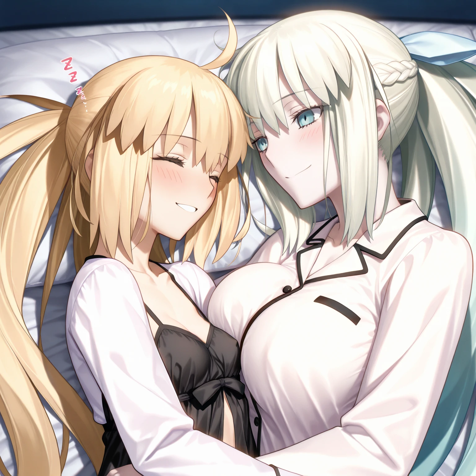 NSFW, red eyes, platinum blonde hair, straight hair, bed, heart eyes, medium breasts, blushing, titjob blowjob