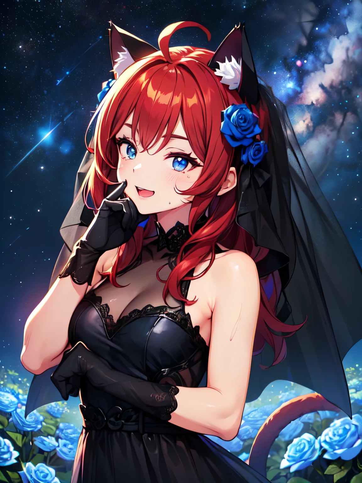 (The Cat Returns: 1.5), (Solo, alone, crystal forest, starry sky, outdoor wedding venue: 1.5), (Cat heaven, lots of cats, lots of cats celebrating a wedding: 1.5), (No ears, no horse, no lights, clenched fists: 1.5), (Red hair, cat ears, long fluffy hair, ahoge, slanted eyes, blue eyes, rosy cheeks, small breasts: 1.5), (Cat washing its face, singing cat with its whole body, happy expression, big smile: 1.5), (See-through pure black wedding dress, pure black lace outfit, pure black veil, black gloves, all black outfit: 1.5), (Toon animation: 1.5), 2DCG animation, UHD, Retina, Masterpiece, Accurate, Anatomically Correct, Textured Skin, Ultra High Resolution, Very High Resolution, High Quality, Award Winning, Best Quality, High Resolution, Dynamic Angle, Upper Body Shot