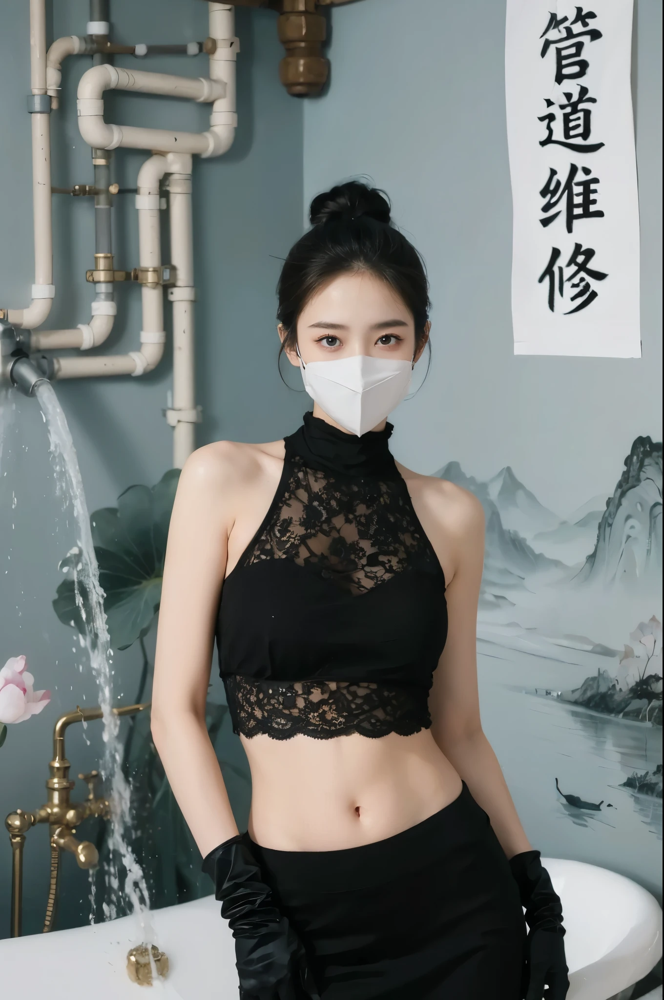 （lifelike， high - resolution：1.3），full body , 1 girl with a perfect body， Super fine face and eyes，slong hair， midriff of random colors：1.2， black shiny leggings，face veil,   big boob，Expose cleavage