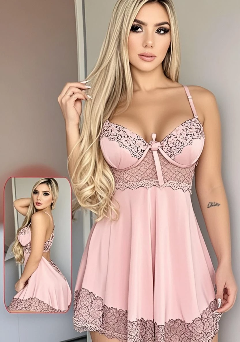 8k, cartoon,  2D, a close up of a woman in a rosa dress posing for a picture, beleza de lingerie, rendada, sonhadores, sensual look, lingeries onduladas, brasileiro, cheio de detalhes, dressed in a rosa dress, abafado, cetim, sensual :8, rosa, Adorable woman, atrevido, rocha, detalhes sutis, camisola, detalhes intensos, lindo